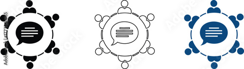 Three stylized icons representing a group of people in a circle with a speech bubble in the center symbolizing communication and discussion