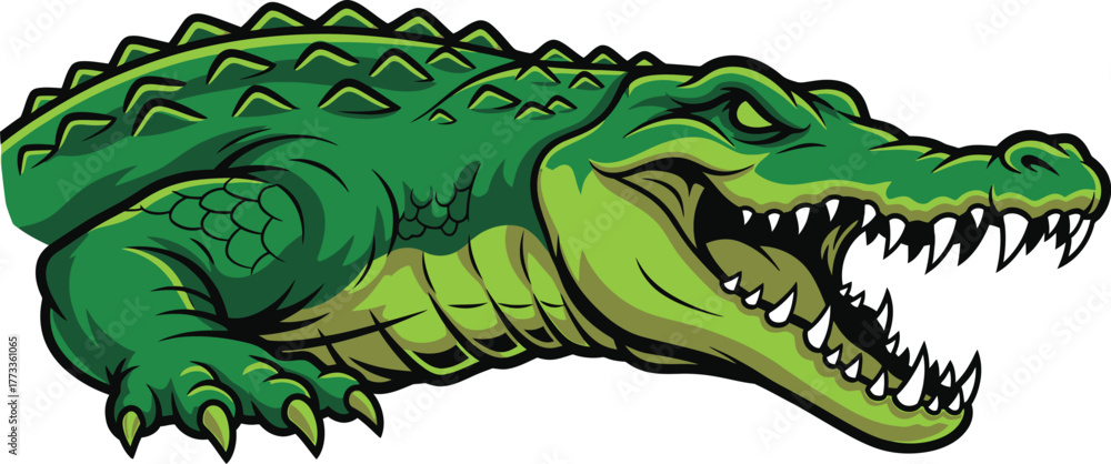 Obraz premium Cartoon green alligator, reptile with open mouth, sharp teeth