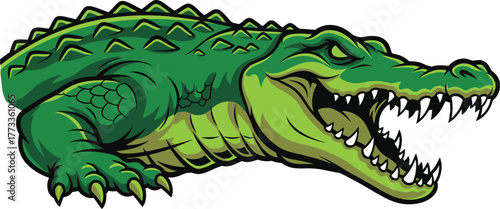 Cartoon green alligator, reptile with open mouth, sharp teeth