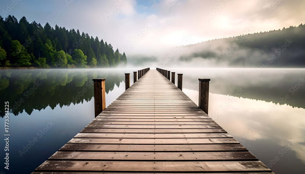 Fototapeta premium Wooden Pier Extends into Misty Lake at Sunrise with Forest Background Serene Scenery.