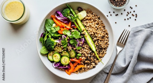 Flat Lay Composition of a Wholesome Bowl with Ancient Grains and Fresh Colorful Produce