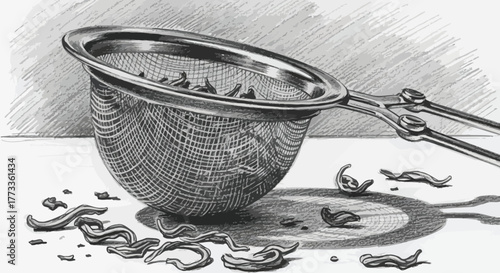 Detailed tea strainer with loose tea leaves, pencil drawing