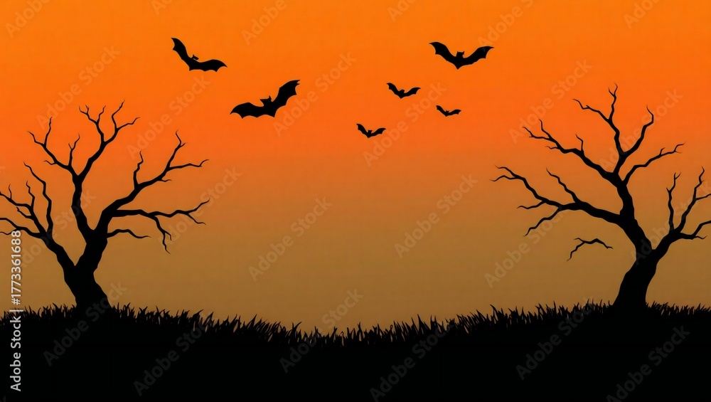 Fototapeta premium Spooky halloween scene with silhouetted trees and flying bats against an orange gradient sky