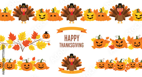 A vibrant collection of Thanksgiving and autumn-themed border designs featuring cheerful turkeys in pilgrim hats, decorative pumpkins, and colorful fall leaves.