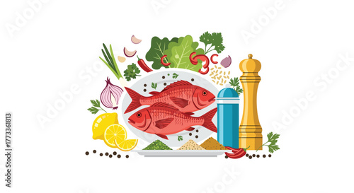 Fresh redfish on a plate, surrounded by a vibrant array of aromatic herbs, spices, and fresh vegetables, ready for a delicious meal preparation.