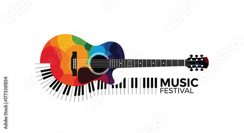 A vibrant, colorful acoustic guitar with integrated piano keys forms a creative logo for a music festival, symbolizing harmony and diverse musical genres.