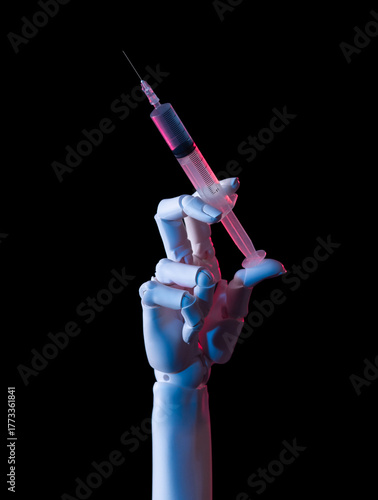 Dramatic Robotic Hand Holding Syringe with Red and Blue Neon Light