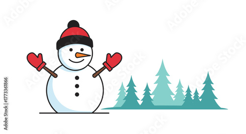 A cheerful cartoon snowman wearing a red hat and mittens stands alongside a cluster of stylized teal pine trees against a white background, evoking a winter holiday scene.