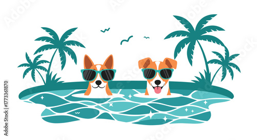Two cute dogs, a corgi and a terrier, sporting cool sunglasses, enjoy a refreshing dip in sparkling blue water on a tropical island, with palm trees and birds.