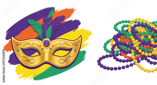 Festive Mardi Gras celebration elements featuring a decorative golden masquerade mask with feathers and a collection of colorful green, purple, and gold party beads.
