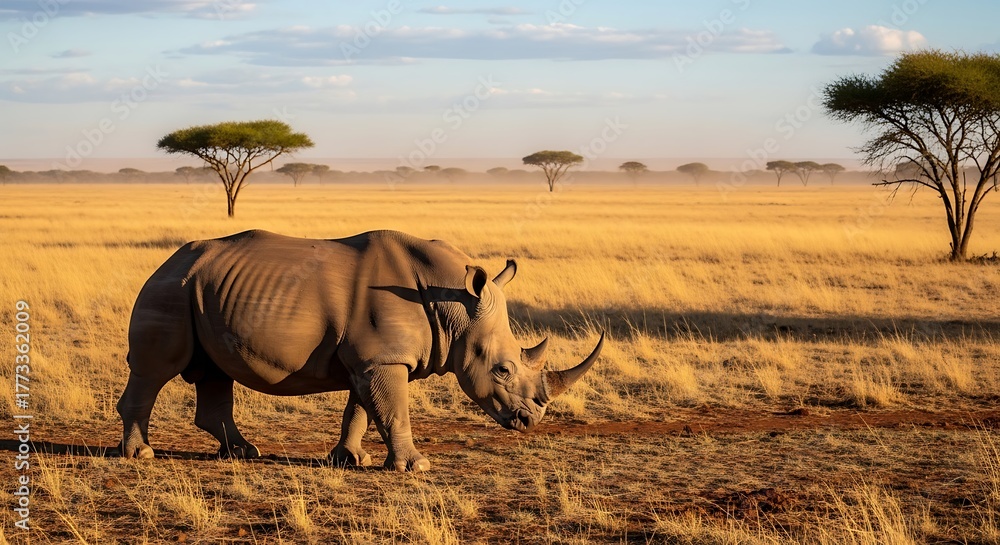 Fototapeta premium Majestic White Rhinoceros Roaming African Savanna at Sunset.
