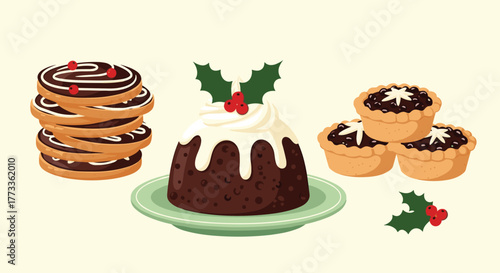 A delightful collection of traditional Christmas treats, featuring festive chocolate cookies, a rich pudding with holly, and sweet mince pies, ideal for holiday celebrations.