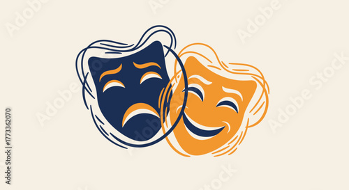 Classic theatrical masks symbolizing the contrasting emotions of drama and comedy, representing the duality of human feelings and performance arts.