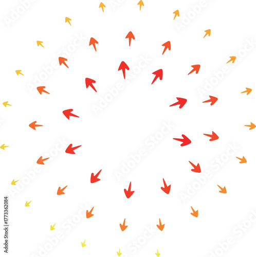 黄色から赤色に変わるくるくる渦を巻いた外向きの矢印の丸いフレーム