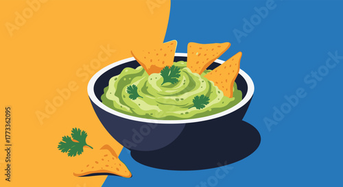 A vibrant vector illustration of a dark bowl filled with fresh green guacamole, garnished with cilantro, and served with golden tortilla chips, set against a dynamic orange and blue split background.