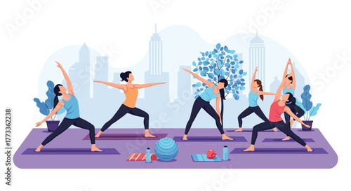 A group of diverse women practices various yoga poses together on mats, promoting health and wellness in a calm setting with an urban backdrop.