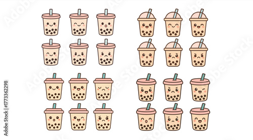 Chibi bubble tea character in flat vector style with six expressive faces. Perfect for beverage branding, social media stickers, and kawaii illustration packs.