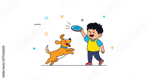 A cheerful cartoon boy playing frisbee with his excited dog, who is playfully jumping to catch the blue flying disc against a clean white background.