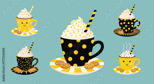 Cute yellow and black cups of hot chocolate or coffee with whipped cream, sprinkles, and cookies on saucers, perfect for a cozy beverage theme.