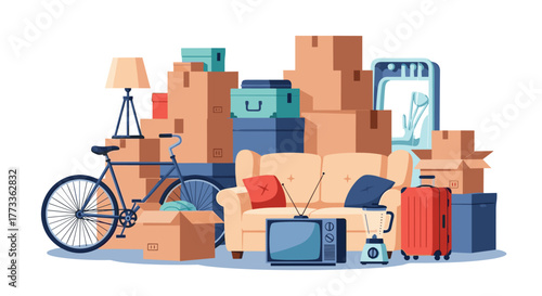 A large collection of household items, including furniture, electronics, a bicycle, and packed boxes, ready for moving, relocation, or storage in a new home.