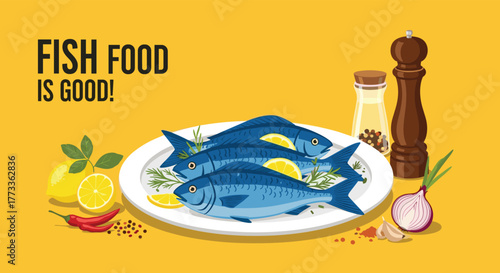 A cheerful illustration of three blue fish on a white plate with lemon and herbs, surrounded by fresh cooking ingredients and spices on a vibrant yellow background.