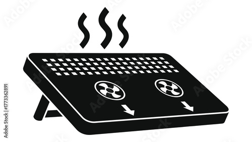 Black and illustration of a cooling pad with fans and steam