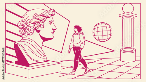 Modern art museum exploration with a classical twist evokes a sense of inspiration and wonder in a unique cultural experience, perfect for creative campaigns