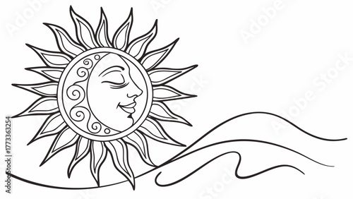 Dreamy celestial sun and moon art with flowing waves for coloring books or whimsical designs, peaceful zen energy and calming vibes