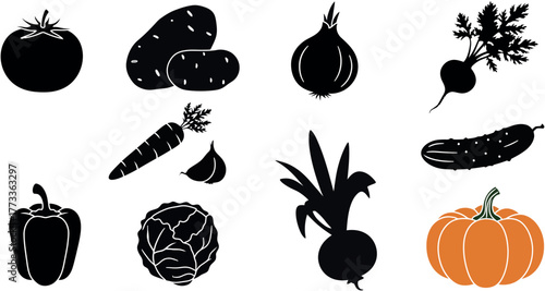 A vector illustration set of vegetable and fruit icons including apple, strawberry, pear, cherry, onion, lemon, pumpkin, peach, pepper, and tomato silhouettes isolated on white