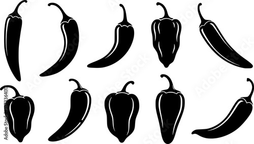 a black and white drawing of different kinds of peppers, several peppers

