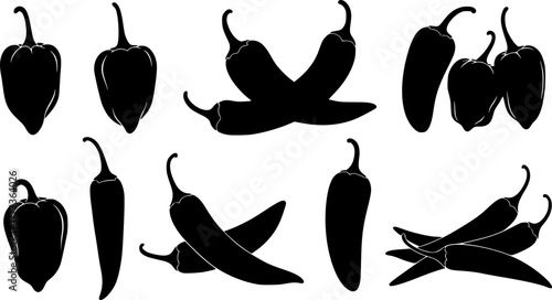a black and white drawing of different kinds of peppers, several peppers

