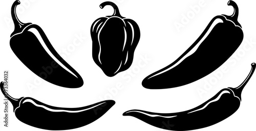 a black and white drawing of different kinds of peppers, several peppers

