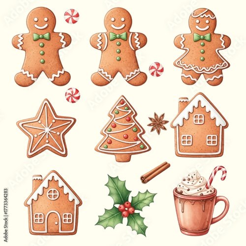 Cute Christmas Gingerbread Cookies and Holiday Elements Collection