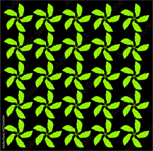 A rhythmic tapestry of bright green leaves swirling in perfect harmony, symbolizing balance, renewal, and the perpetual motion of life.