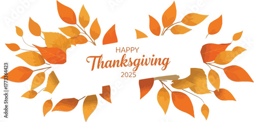A vector illustration design of a Happy Thanksgiving 2025 banner featuring autumn leaves.