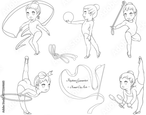 新体操をする若い女性選手。リボン、ボール、フープ、ロープ、バトンの五種目を描いたラインアート集