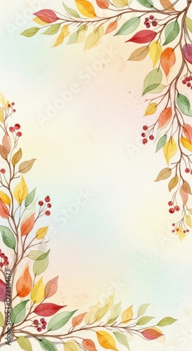 Autumn leaves and berries frame a soft pastel background, creating a warm and inviting seasonal border for text or images, evoking a cozy and festive mood.
