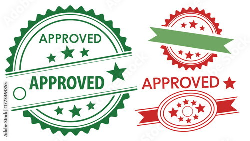 Professional vector approved stamp set in green and red, quality guaranteed, symbolizing trust and reliability for products and services with a vector origin