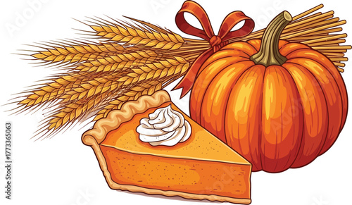 A slice of pumpkin pie with pumpkin and wheat