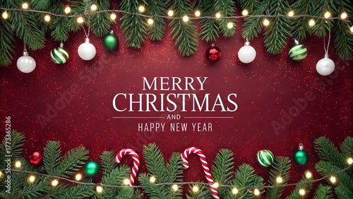 Festive Merry Christmas and Happy New Year Wishes with Candy Canes and Holiday Lights Garland on a Red Background for Joyful Seasonal Greetings
