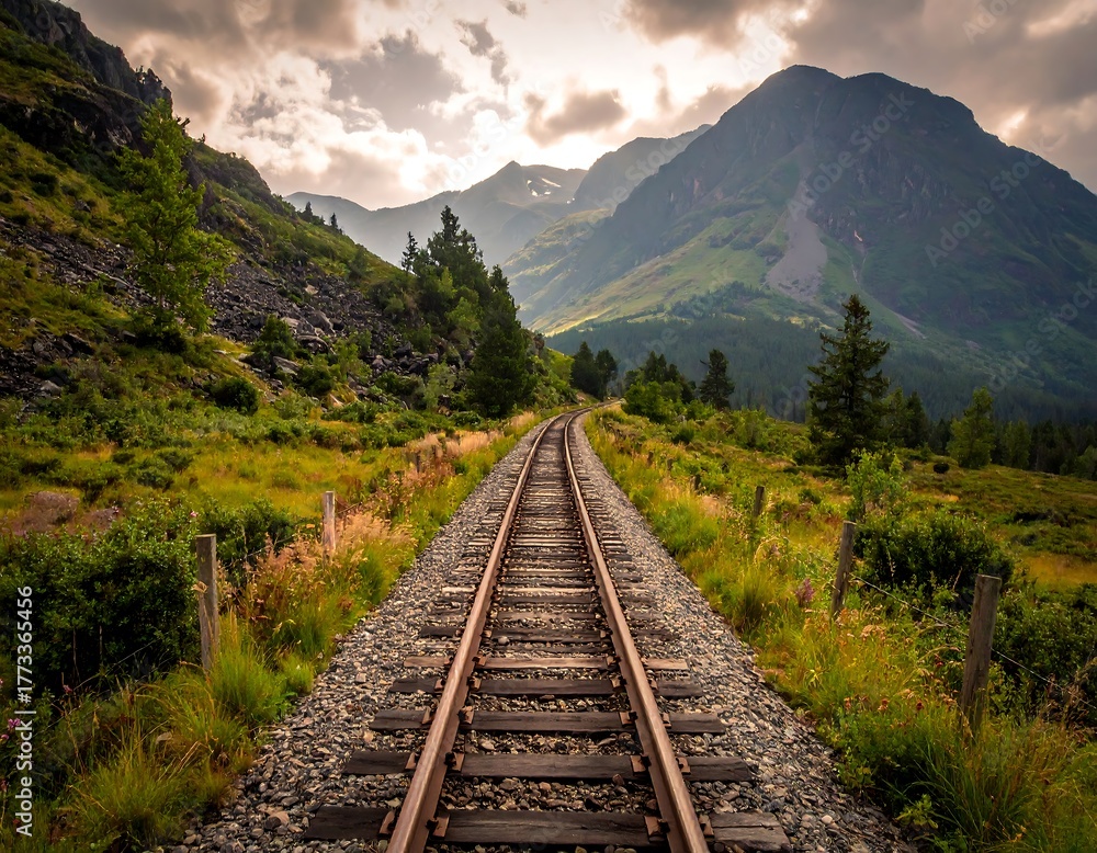 Fototapeta premium Railway tracks leading through a verdant mountain landscape