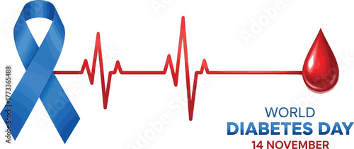 World Diabetes Day greeting card with blue ribbon and blood drop for awareness