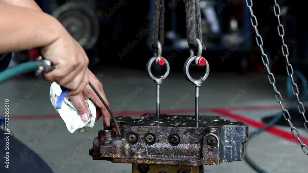 Worker cleaning a heavy, dirty hydraulic valve block with an air blow ...