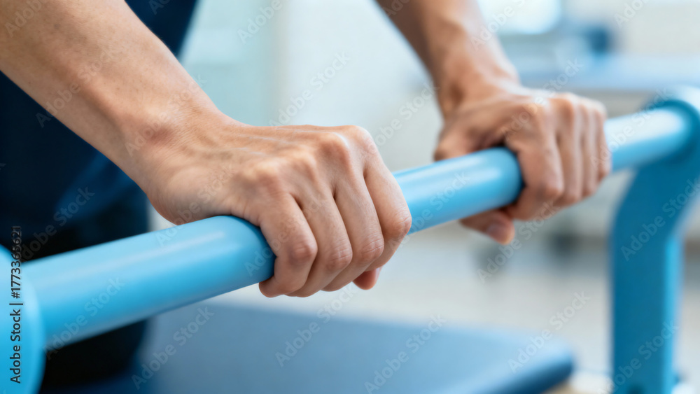 Obraz premium Hands Gripping a Blue Bar in a Fitness Studio, Focus on Strength and Preparation