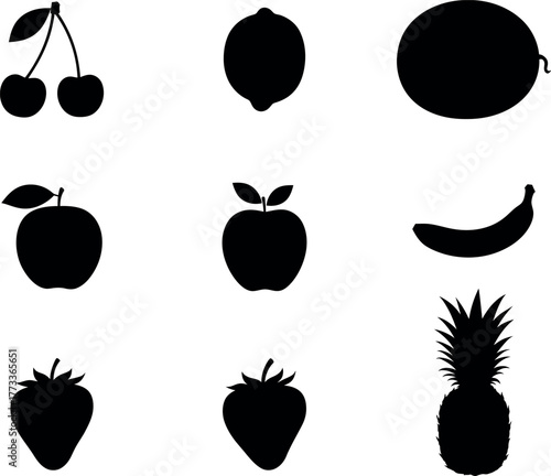 Black vector fruit icons set silhouette illustration collection of apples strawberries and pears