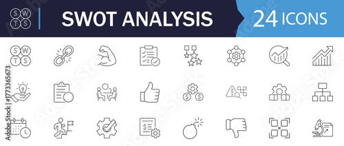SWOT Analysis set of web icons in line style. Vector illustration in clean thin line style featuring strategic planning symbols like analysis, opportunity, threat, advantage, and more.
