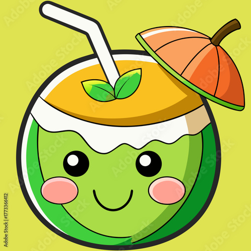 Glass of green melon Cream soda trendy soft drink with cherry. Hand drawn vector illustration. Elements for poster, social media, banners, invitation. Cute kawaii style non alcohol floating cocktail.