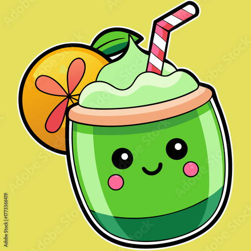 Glass of green melon Cream soda trendy soft drink with cherry. Hand drawn vector illustration. Elements for poster, social media, banners, invitation. Cute kawaii style non alcohol floating cocktail.