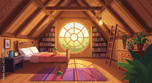 Cozy attic bedroom with a large circular window overlooking a sunlit landscape, filled with books and plants