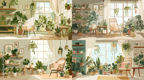 Warm cozy room filled with indoor plants, sunlight, and natural decor. Peaceful botanical interior art for lifestyle, home, and relaxation design themes.
